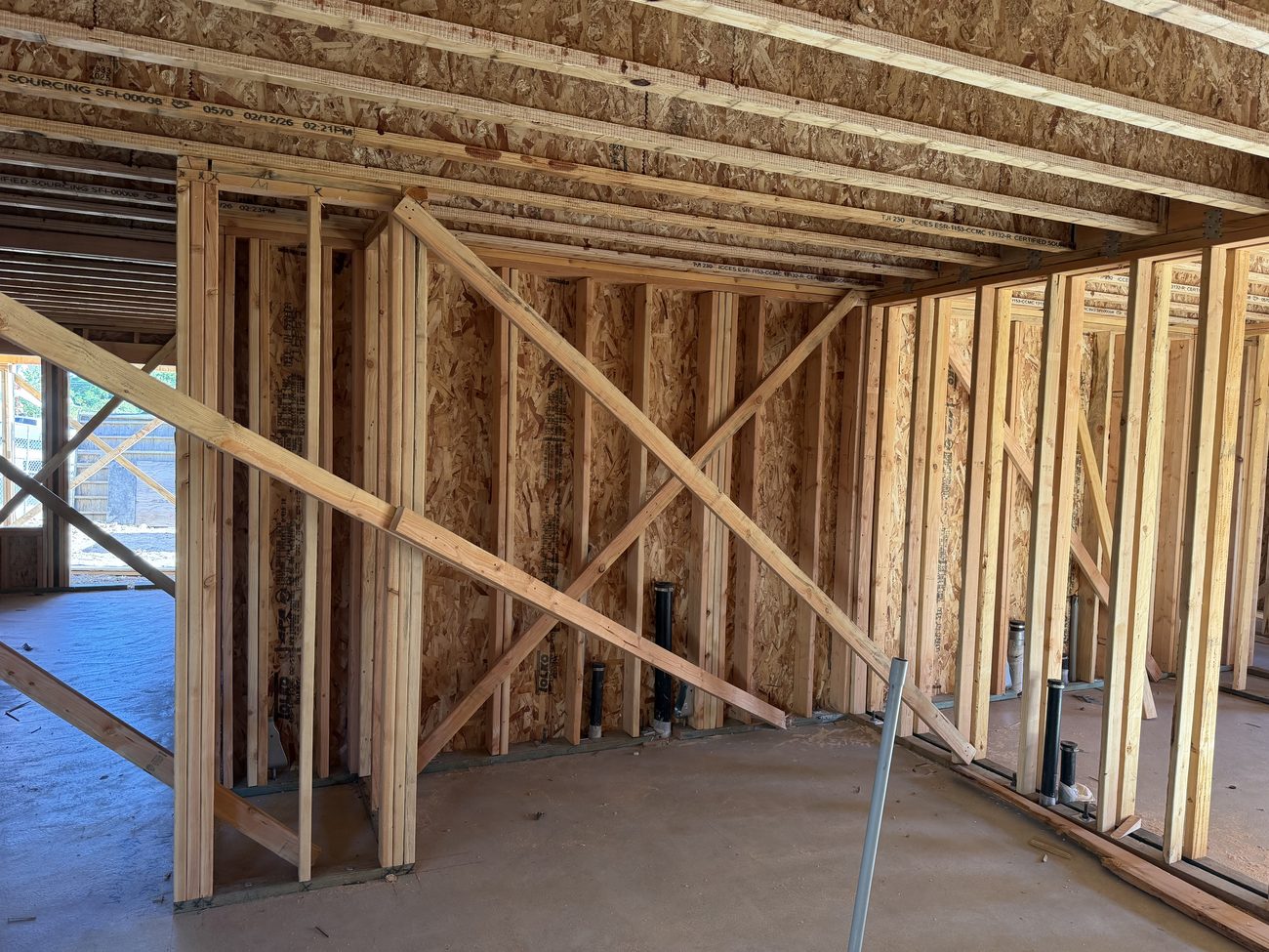 The same room framed, before drywall