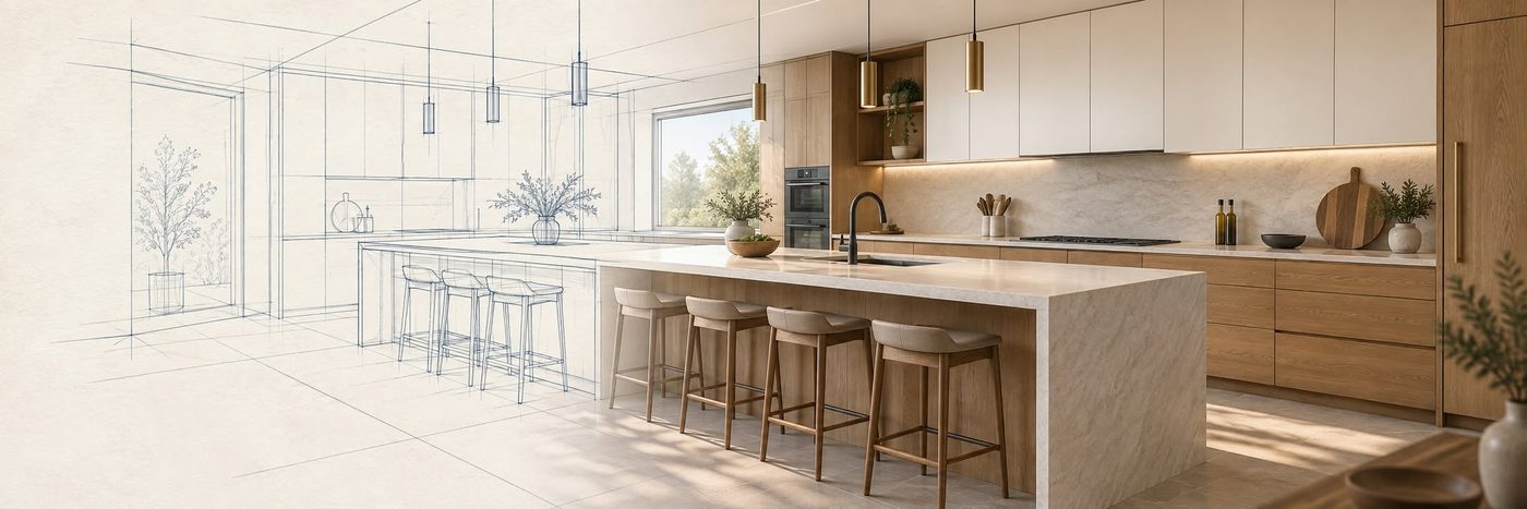 Kitchen design rendering transitioning from line drawing to finished room