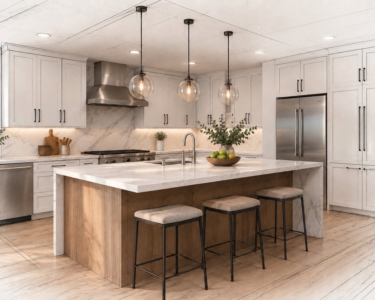 Concept rendering of a kitchen, half line drawing and half finished room