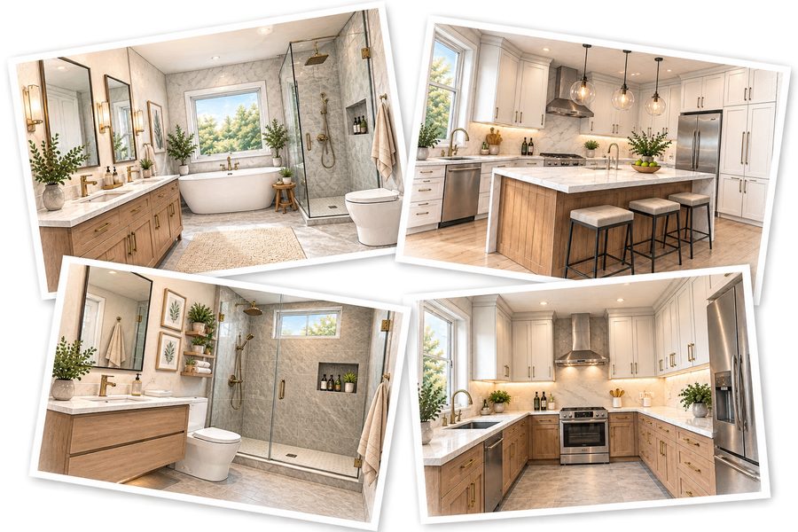 Four design visualizations of kitchens and bathrooms